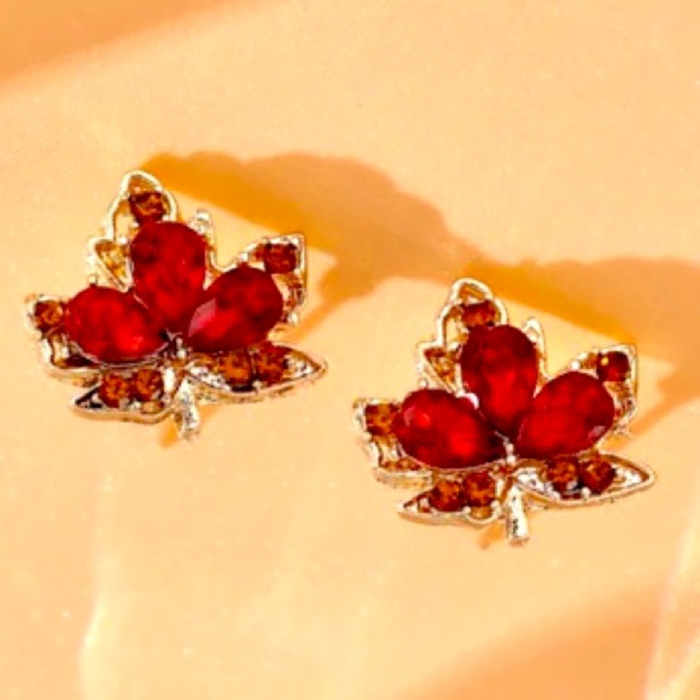 Fall Red Topaz Gold Crystal Rhinestone Maple Leaves Leaf Studs Stud Earrings NWT